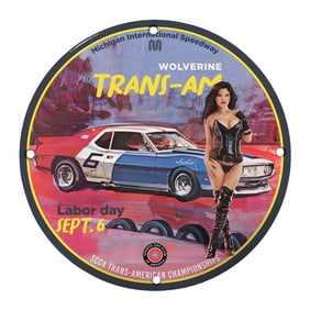 Unique Vintage Style 8" Porcelain Sign Featuring Trans-Am Racing Artwork