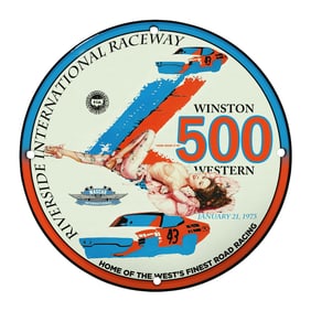 Rare 8" Porcelain Sign: Riverside International Raceway Winston 500 Vintage Design