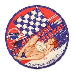 Rare Vintage 1976 Datsun Adelaide International 8" Porcelain Sign with Unique Artwork