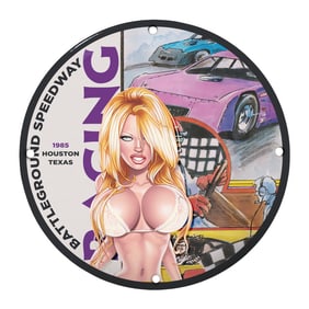 Rare 1985 Battleground Speedway Racing Porcelain Sign - Unique 8" Design from Houston, Texas