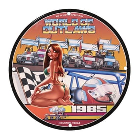 Vintage 1985 World of Outlaws Porcelain Sign - Rare Unique 8" Design for Racing Collectors
