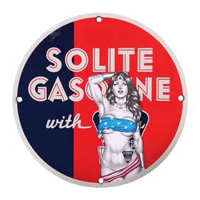 Rare Unique 8" Porcelain Sign - Solite Gasoline with Vintage Americana Design