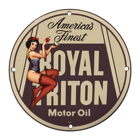 Rare 8" Porcelain Sign - Vintage Royal Triton Motor Oil Design with Pin-Up Aesthetic