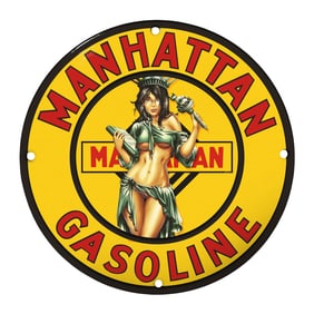 Unique 8" Manhattan Gasoline Porcelain Sign with Vintage Design