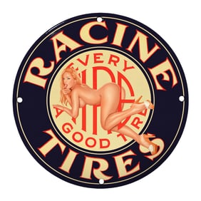 Rare Vintage 8" Porcelain Racine Tires Sign - Unique Retro Collector's Item