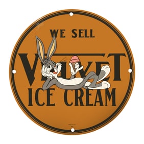 Rare Unique 8" Porcelain Sign - Vintage Bugs Bunny Velvet Ice Cream Design