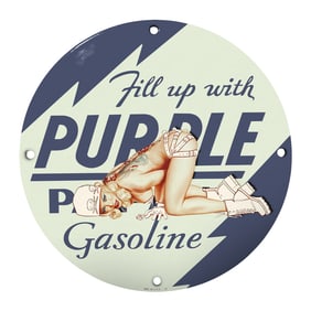 Unique 8-Inch Porcelain Sign: Vintage 'Fill up with Purple Gasoline' Design