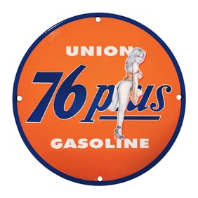 Authentic 8" Unique Design Union 76 Plus Gasoline Porcelain Sign - Vintage Collectible