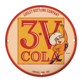 Rare and Unique 8" Vintage Porcelain Sign - 3V Cola by Cosley Bottling Company