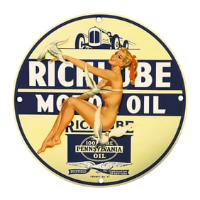 Vintage Rare 8" Porcelain Sign - Richlube Motor Oil Pin-Up Design