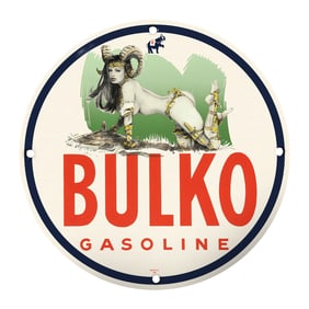 Rare Unique Design 8" Porcelain Sign - Bulko Gasoline Antique Collectible Art Piece