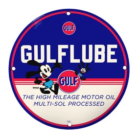 Rare Unique Design 8" Gulf Lubricants Porcelain Sign with Vintage Cartoon Motif