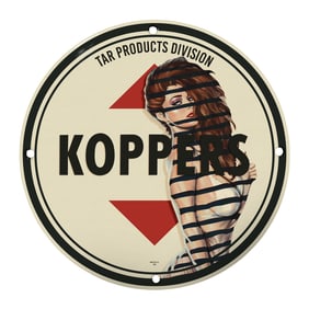 Rare Unique Design 8" Porcelain Koppers Sign with Retro Artwork