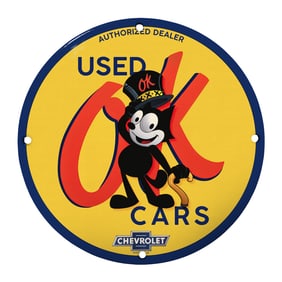 Rare Unique 8" Porcelain Sign Featuring Vintage Car Dealer Design - Chevrolet OK Cars