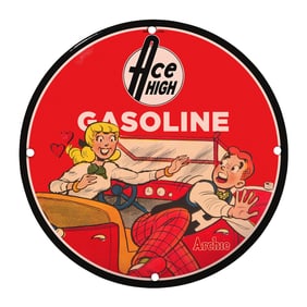 Vintage 8" Porcelain Ace High Gasoline Sign - Unique Retro Design with Archie Elements