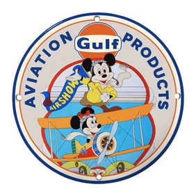 Rare Unique 8" Porcelain Gulf Aviation Sign Featuring Mickey & Minnie Mouse - Vintage Collectible