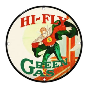 Rare 8" Porcelain Sign - Vintage HI-FLY Green Gas Design - Unique Collector's Item