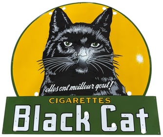 Vintage Porcelain Neon Skin Sign - Black Cat Cigarettes with Striking Green and Yellow Design