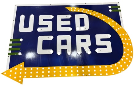 Illuminated Used Cars Porcelain Neon Skin Sign with Bright Colors and Bold Arrow Design