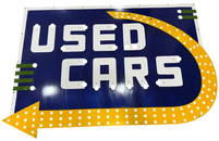 Illuminated Used Cars Porcelain Neon Skin Sign with Bright Colors and Bold Arrow Design