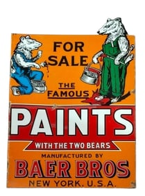 Vintage Baer Bros Porcelain Flange Sign Featuring Bears for Paints - A Collector's Dream