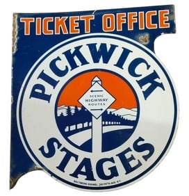 Vintage Pickwick Stages Ticket Office Porcelain Flange Sign - A Collector's Dream!