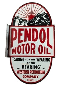 Vintage Pendol Motor Oil Porcelain Flange Sign - Western Petroleum Company Collectible