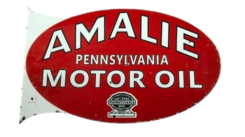 Amalie Pennsylvania Motor Oil Vintage Porcelain Flange Sign - A Classic Collectible for Enthusiasts