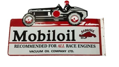 Vintage Mobil Oil Porcelain Flange Sign - Recommended for All Race Engines