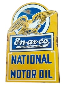 Vintage En-ar-co National Motor Oil Porcelain Flange Sign ? Collectible Automotive Memorabilia