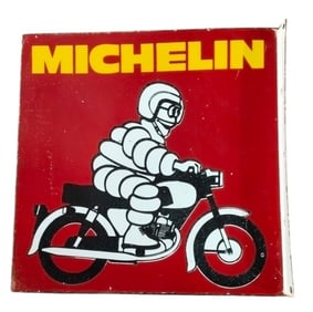 Vintage Michelin Porcelain Flange Sign Featuring Iconic Bibendum Riding a Motorcycle
