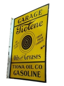 Vintage Tiolene Oil Garage Porcelain Flange Sign - Tiona Oil Co Gasoline
