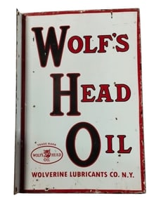 Vintage Wolf's Head Oil Porcelain Flange Sign - Iconic Automotive Collectible