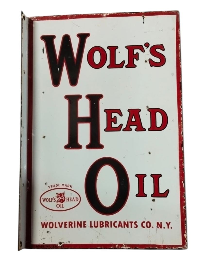Vintage Wolf's Head Oil Porcelain Flange Sign - Iconic Automotive Collectible (1 of 3)