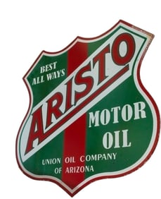 Rare Aristo Motor Oil Porcelain Flange Sign from Union Oil Company of Arizona