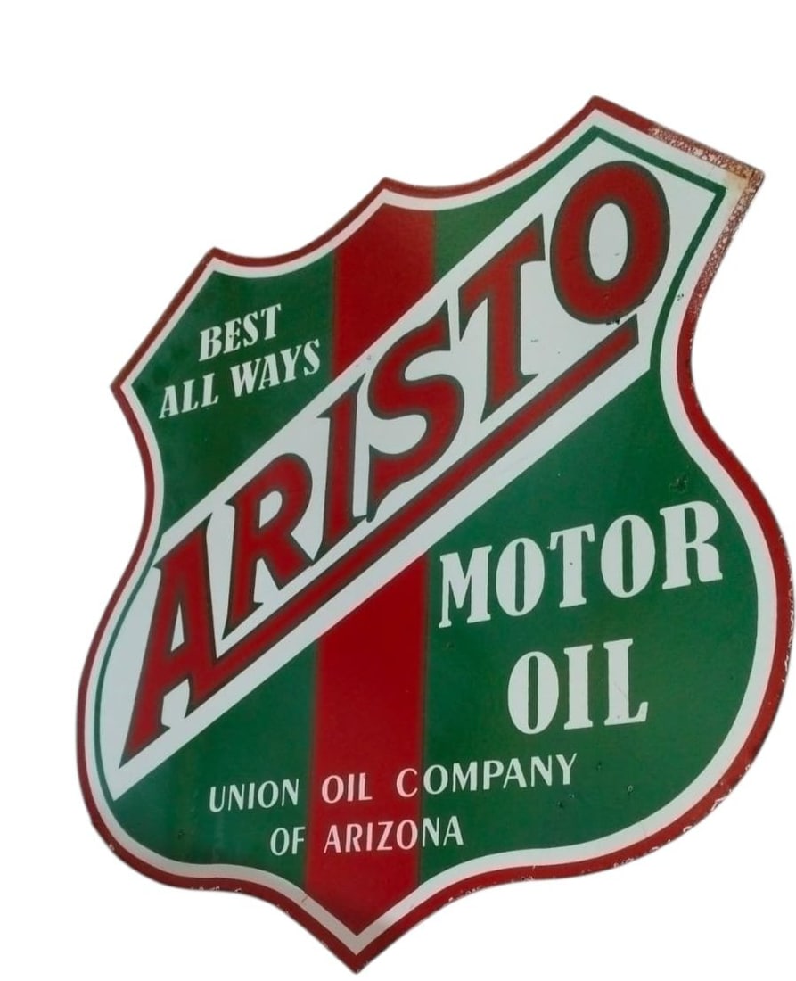 Rare Aristo Motor Oil Porcelain Flange Sign from Union Oil Company of Arizona (1 of 3)