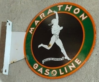 Authentic Vintage Marathon Gasoline Porcelain Flange Sign for Collectors & Enthusiasts