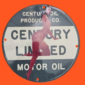 Rare Vintage Century Oil Porcelain Sign with Classic Pin-Up Art