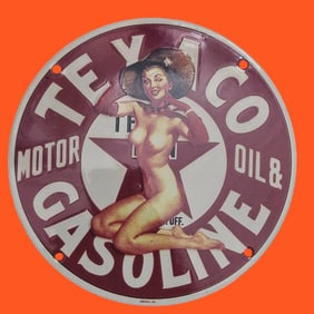 Vintage Texaco Porcelain Sign with Iconic Pin-Up Art - A Collector's Dream