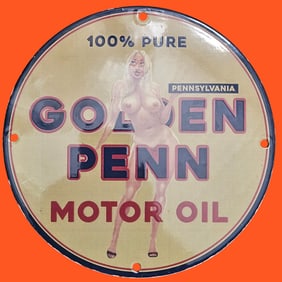 Vintage Golden Penn Motor Oil Porcelain Sign - Stunning Collectible Artwork