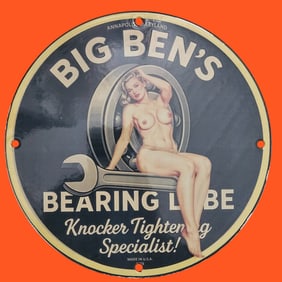 Vintage Big Ben's Bearing Lube Porcelain Sign - Rare Collectible Art