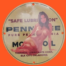 Vintage Porcelain Sign: Pennzee Motor Oil - Safe Lubrication Artwork