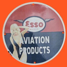 Vintage Esso Aviation Products Porcelain Sign with Iconic Advertising Art