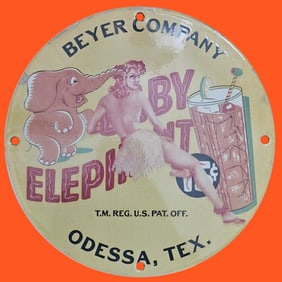 Rare Vintage Beyer Company Porcelain Sign Featuring Baby Elephant - Odessa, Texas