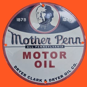 Vintage Mother Penn Motor Oil Porcelain Sign - Classic Americana Collectible