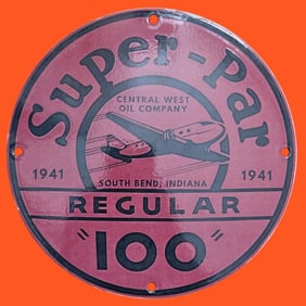 Rare 1941 Super-Par Oil Company Porcelain Sign from Central West Oil - Vintage Collectible