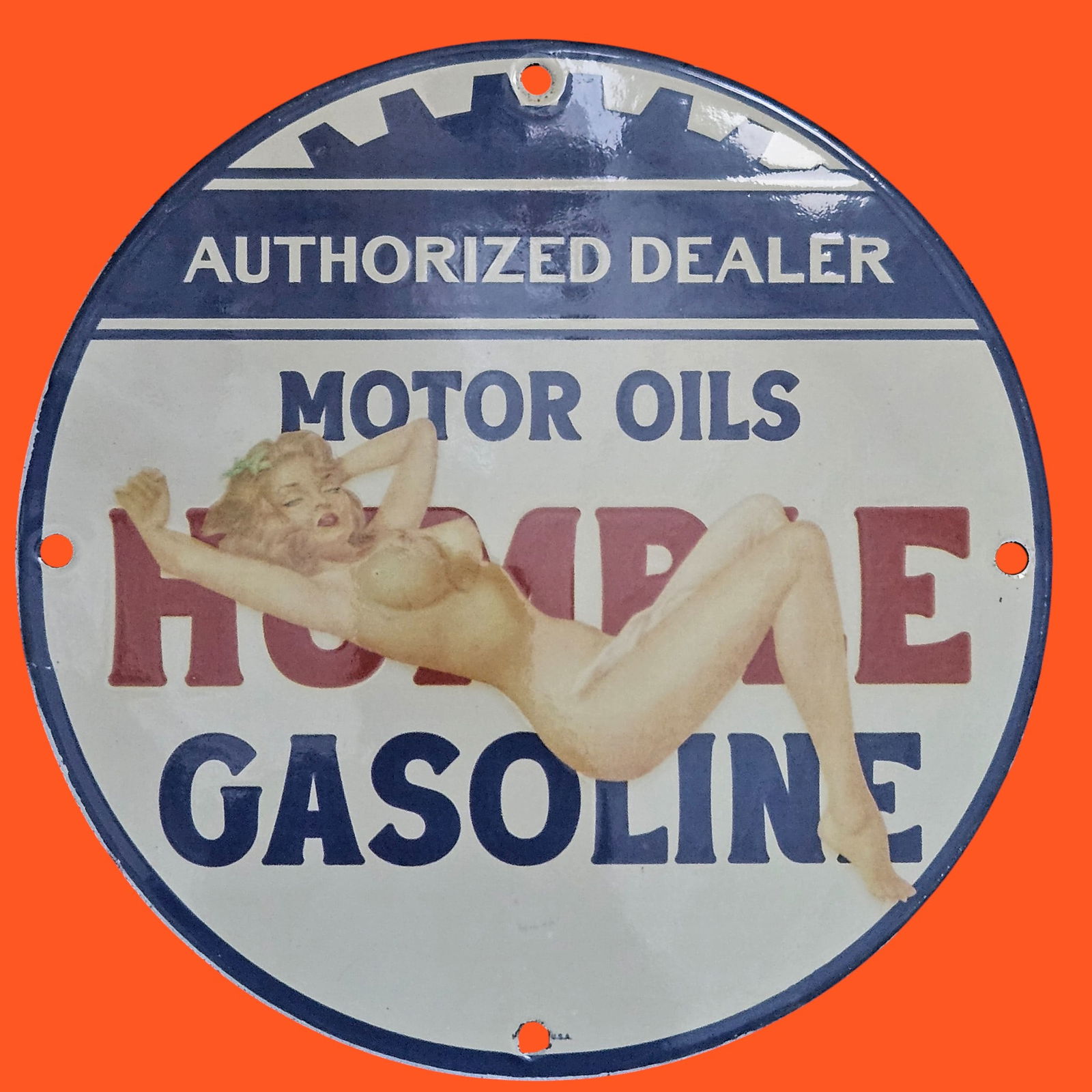 Vintage Humble Gasoline Porcelain Sign - Eye-Catching Authorized Dealer Display (1 of 2)