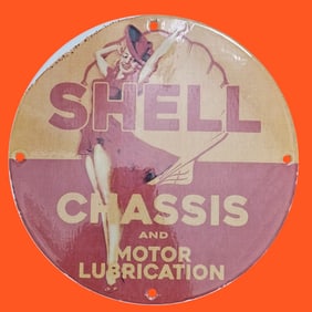 Vintage Shell Chassis and Motor Lubrication Porcelain Sign - Classic Automotive Art