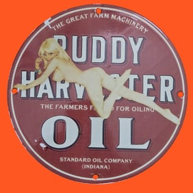 Vintage Buddy Harvester Oil Porcelain Sign - A Rare Collector's Item