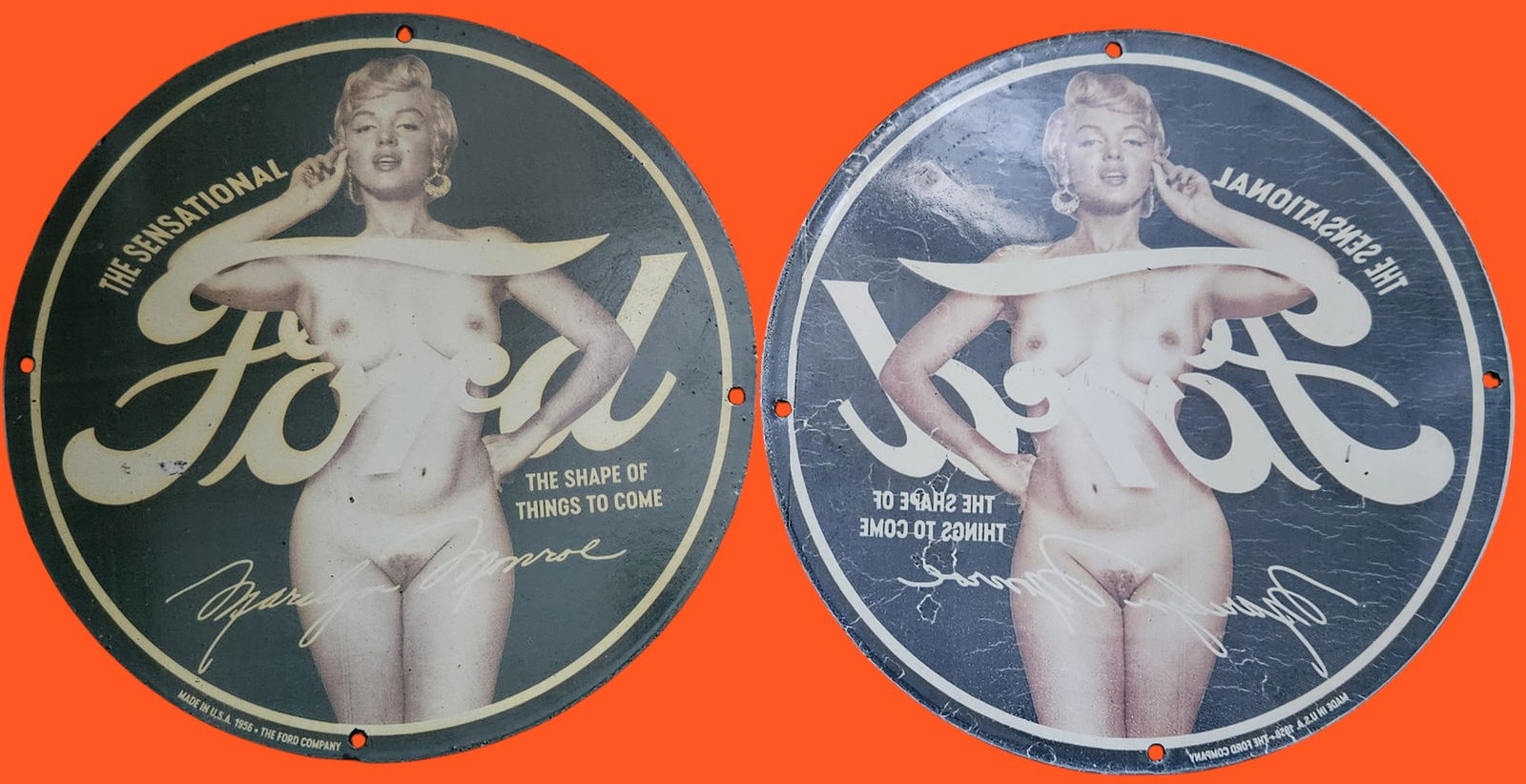 Two Mirroe Images of Iconic Porcelain Ford Signs  Featuring Marilyn Monroe - Vintage Americana Art (1 of 2)